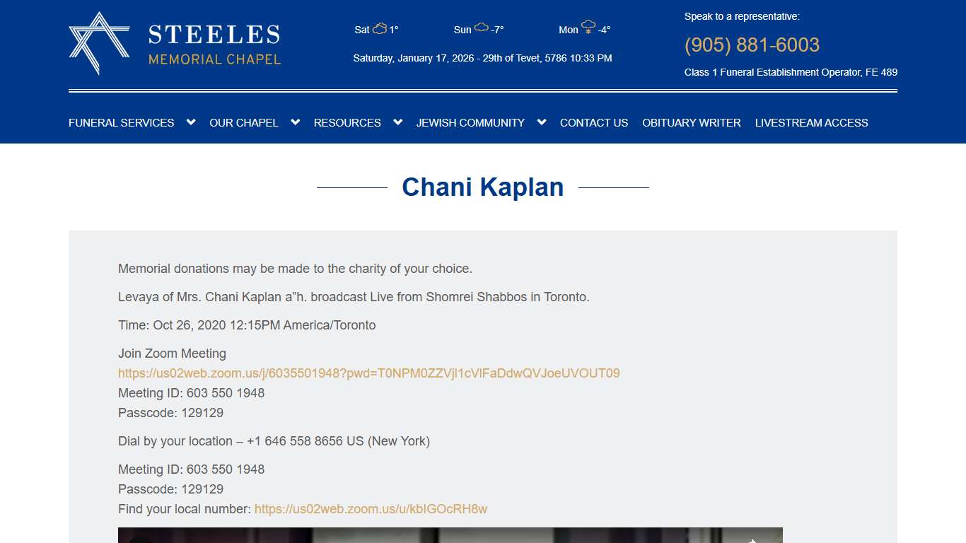 Chani Kaplan - Steeles Memorial Chapel